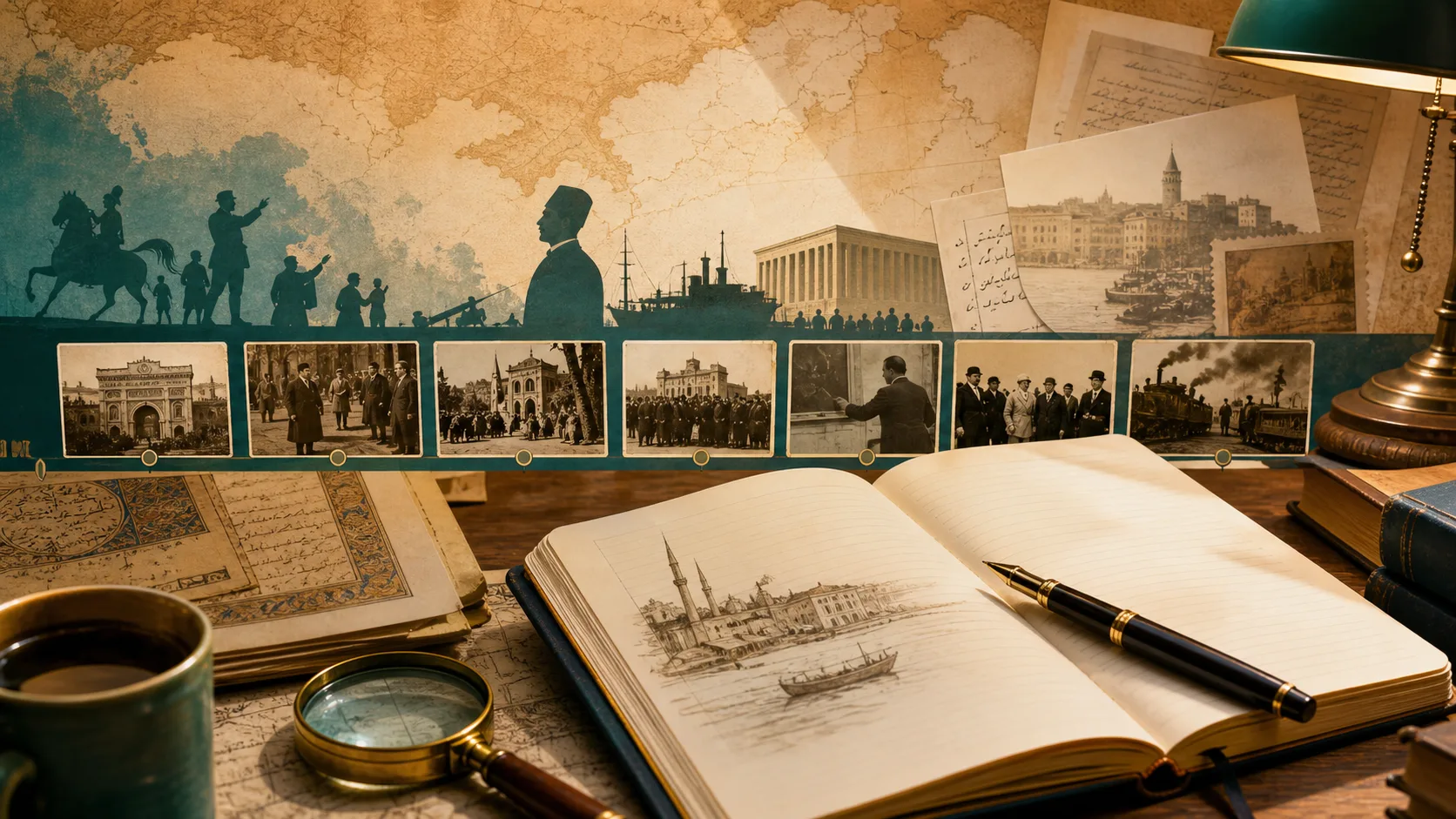 KPSS Tarih konuları için kronoloji kartları, tarih notları ve çalışma masası görseli
